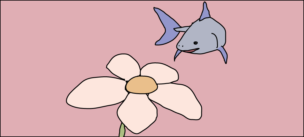 Drawing of a shark hovering over a daisy