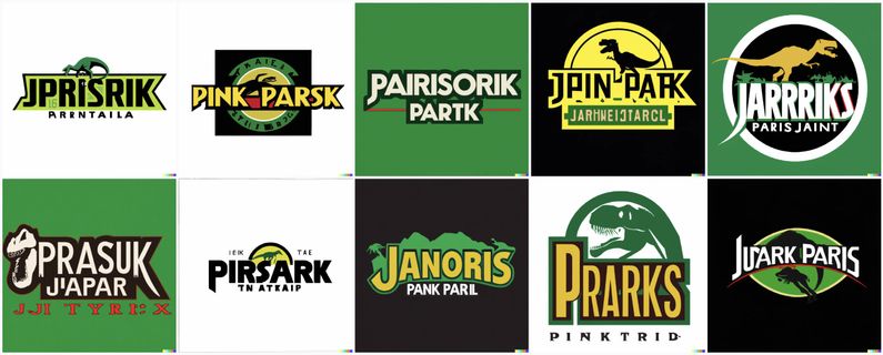 The angular look of the jurassic park logo, some with tyrannosaurs or distorted dinosaur skulls.