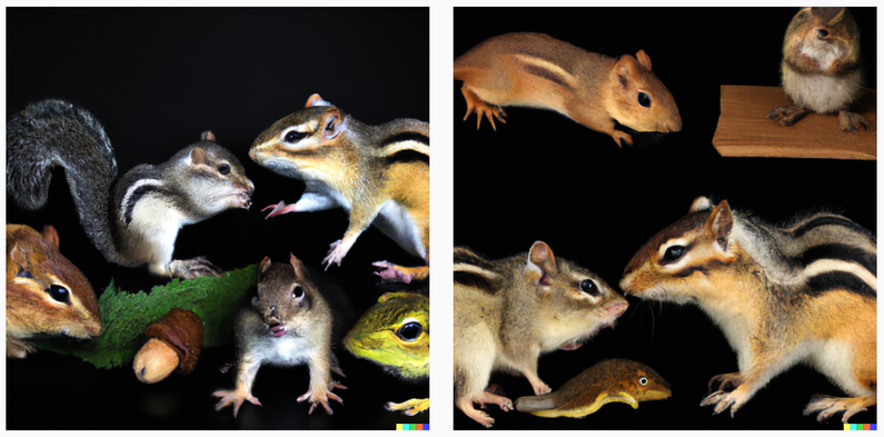 A collection of mostly chipmunks, one acorn, and two lumpy froglike things