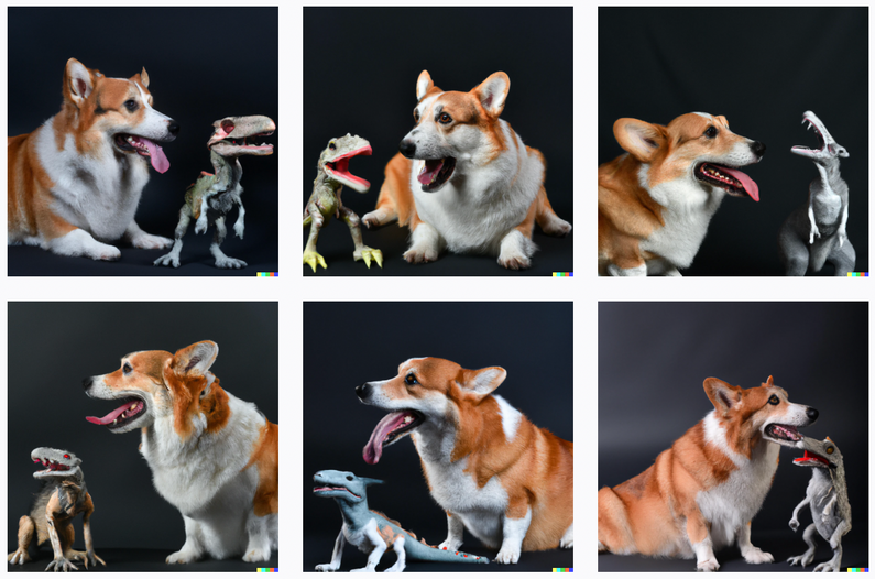 Series of generated corgis with tiny dino-like lizards