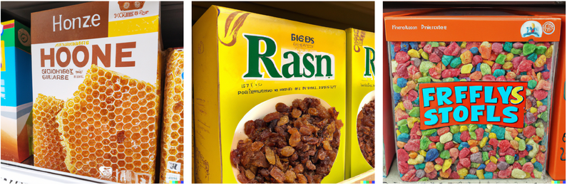 Generated cereal box with literal honeycomb on it, a bowl of pure raisins ("Rasn"), and colorful rocks ("Frfflys Stofls")