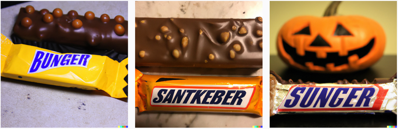 AI-generated lumpy candy bars next to wrapped candy bars reading "Bunger", 'Santkeber", and "Sunger"