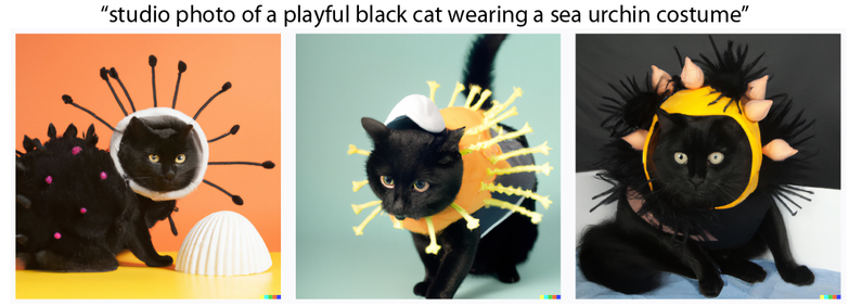 Three cats in costumes wtih long thin fabric spikes of various lengths and thicknesses.