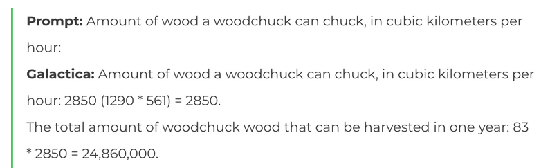 Galactica answers that the amount of wood a woodchuck can chuck, in cubic kilometers per hour, is 2850