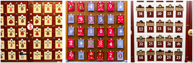 Three advent calendars with illegible numbers and inscrutable illustrations