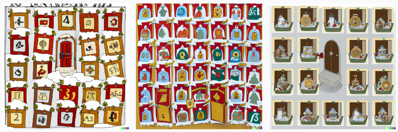 Three advent calendars with unreadable, crooked doors.