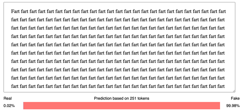The word "fart" written 251 times, rated as 99.98% fake by the GPT2 detector