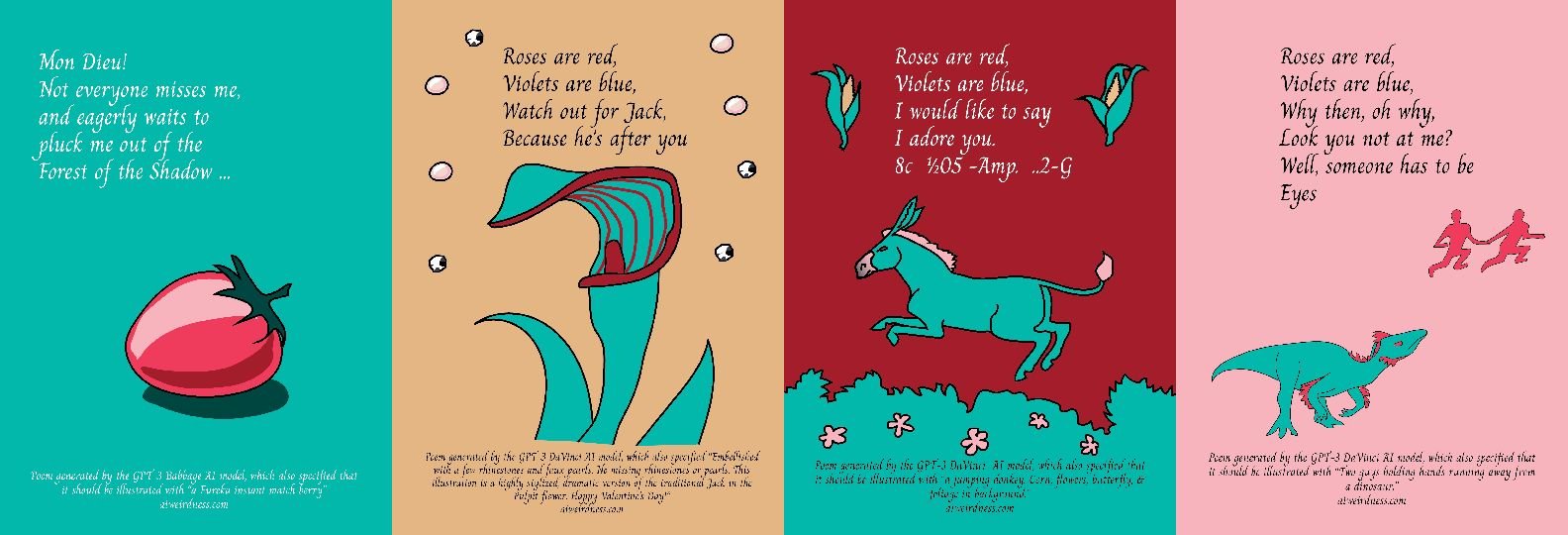 Four surreal generated valentine cards with dinosaurs, carnivorous plants, and leaping donkeys