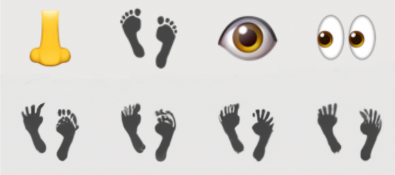 The first row are standard nose, feet, and eye emoji, but the 2nd row is footprints with weird elongated toes.