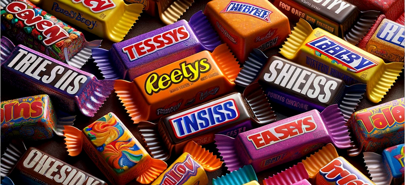 A collage of mini candy bars with names like "Shieiss" "Tnsiss", and "Reetys".