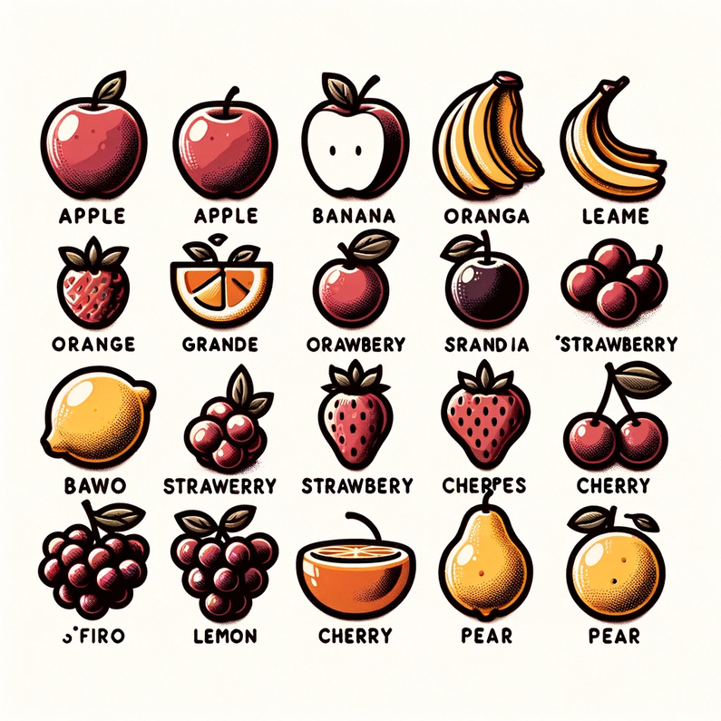 Cartoons of fruits, mostly incorrectly labeled. There's a lemon labeled Bawo and a strawberry labeled Cherpes.