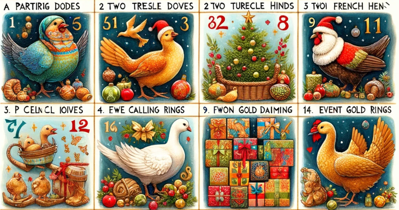 Old-timey style illustrations mostly of birds in santa hats & garbled versions of verses from 12 days of christmas