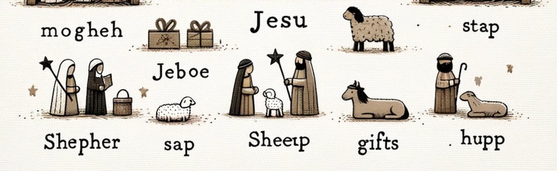 Cartoony bible-style shepherds and sheep with misspelled labels