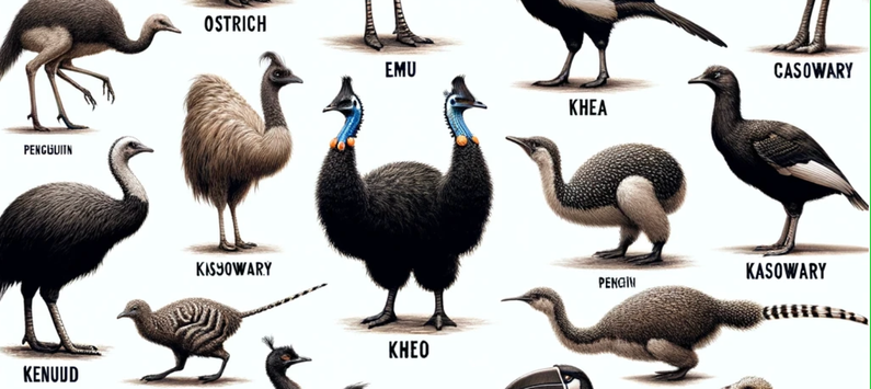 A variety of unrealistic flightless birds, included a two-headed cassowary labeled "Kheo"