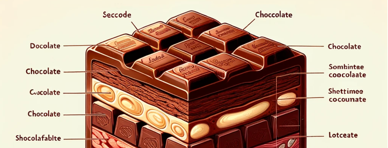 Generated image of a fancy chocolate in cross section, each layer mislabeled.