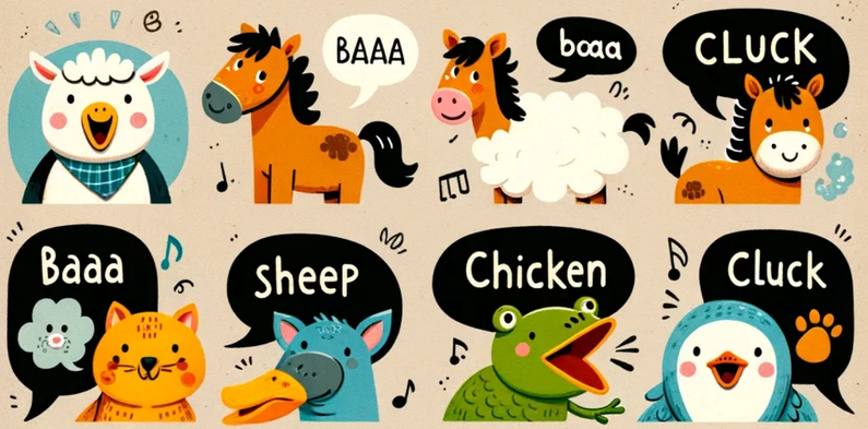 AI-generated image of cartoon animals saying incorrect sounds